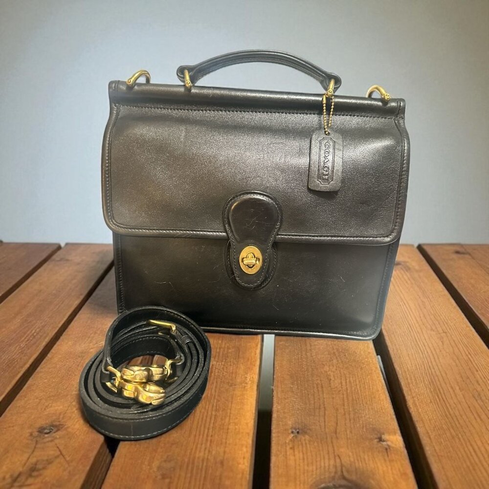 VTG Coach Willis Bag 9927 Black Leather Brass Turnlock Satchel 1994 Costa Rica - Picture 3 of 11
